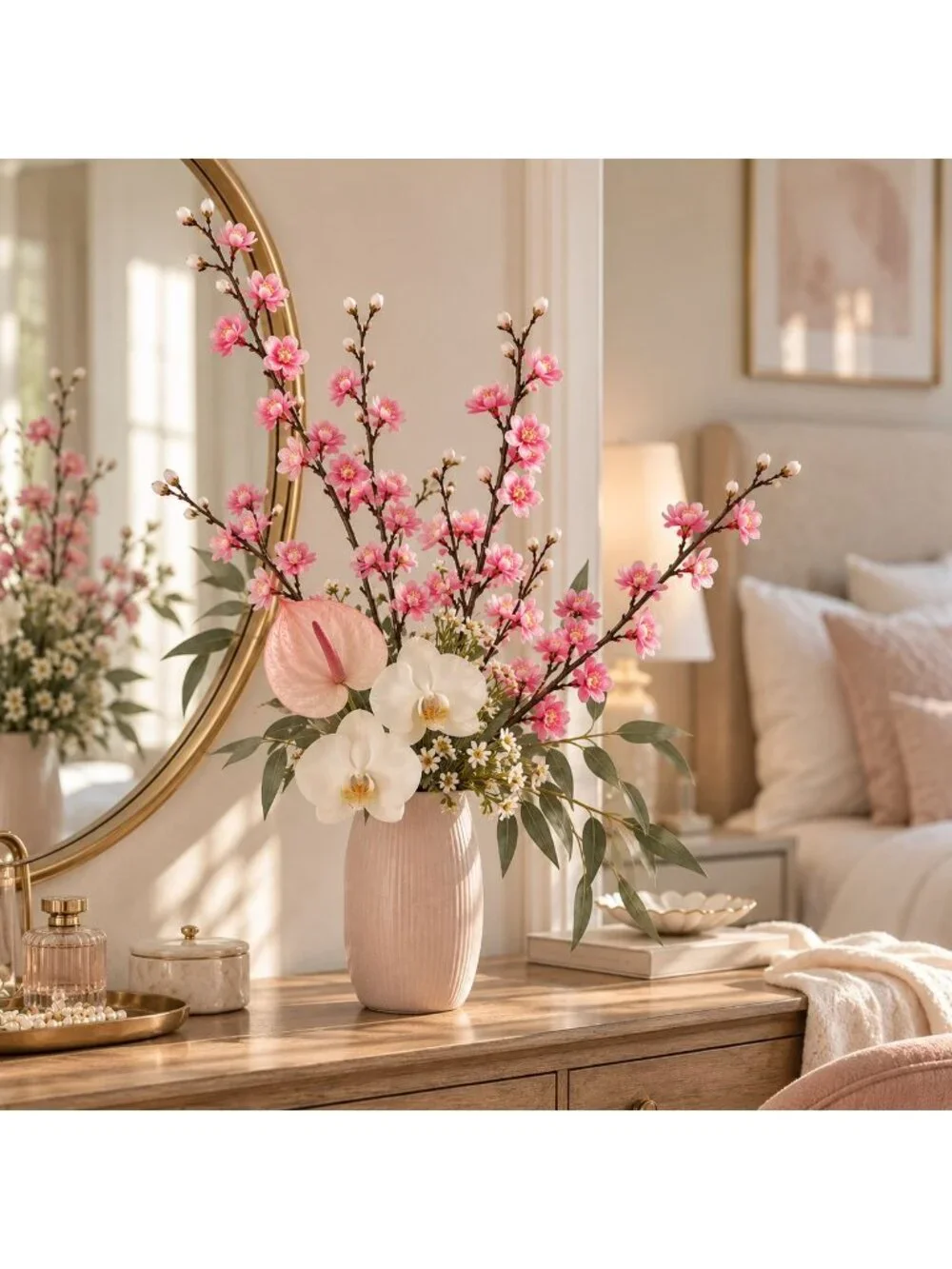 Pink Artificial Cherry Blossom Stems Set of 5, 22 Inch Faux Floral Branches, Spr